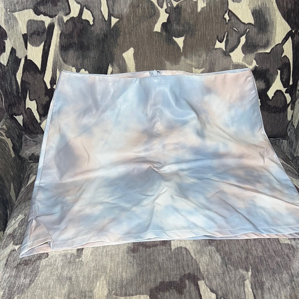 Leather like mini skirt blue and white almost tie dye pattern large